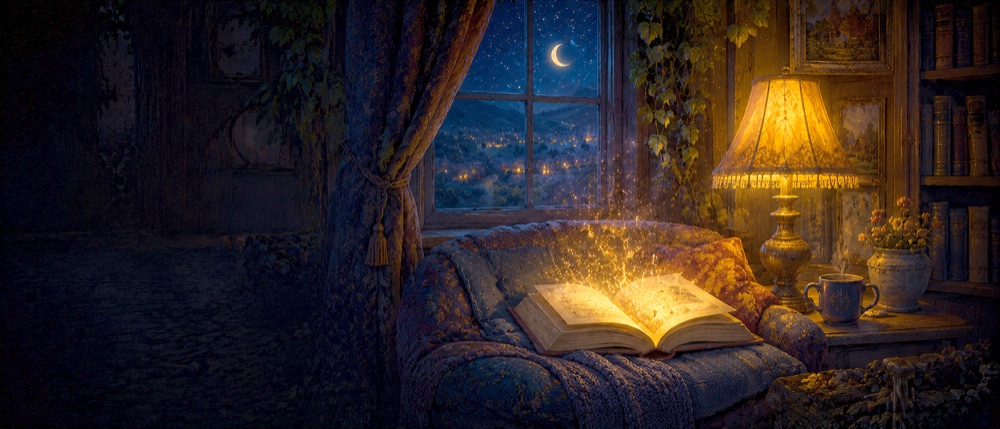 Painterly cozy reading nook with an open glowing book at night