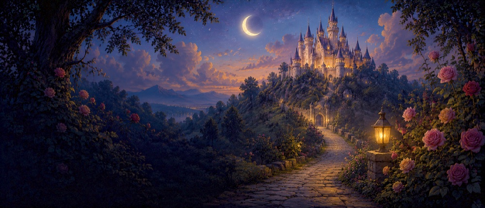 Painterly fairy-tale castle on a hill under a crescent moon