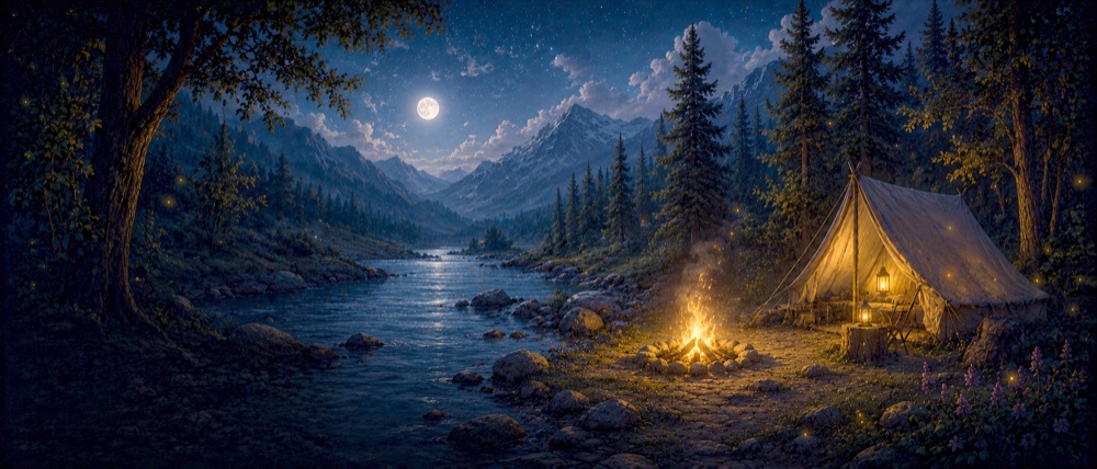 Painterly moonlit mountain campsite by a river