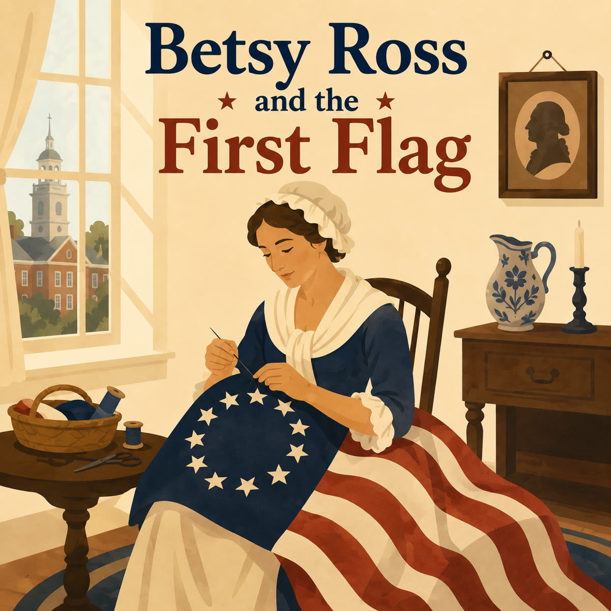 A warm, sunlit colonial Philadelphia upholstery shop: a young woman at a long worktable folding a square of pale cloth with sharp scissors in hand, bolts of red, white, and blue fabric in the corner, and a half-finished flag of stripes and a blue field of stars spread across the table.