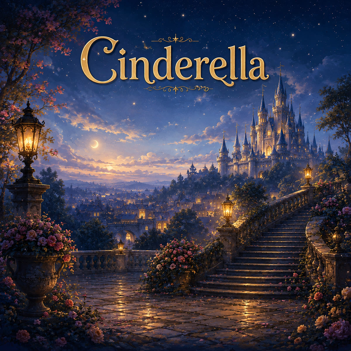 A kind young girl in a sparkling gold-and-silver gown pausing on a grand palace staircase at night, one little glass slipper left behind on the step, warm candlelight glowing from the ballroom doorway behind her.