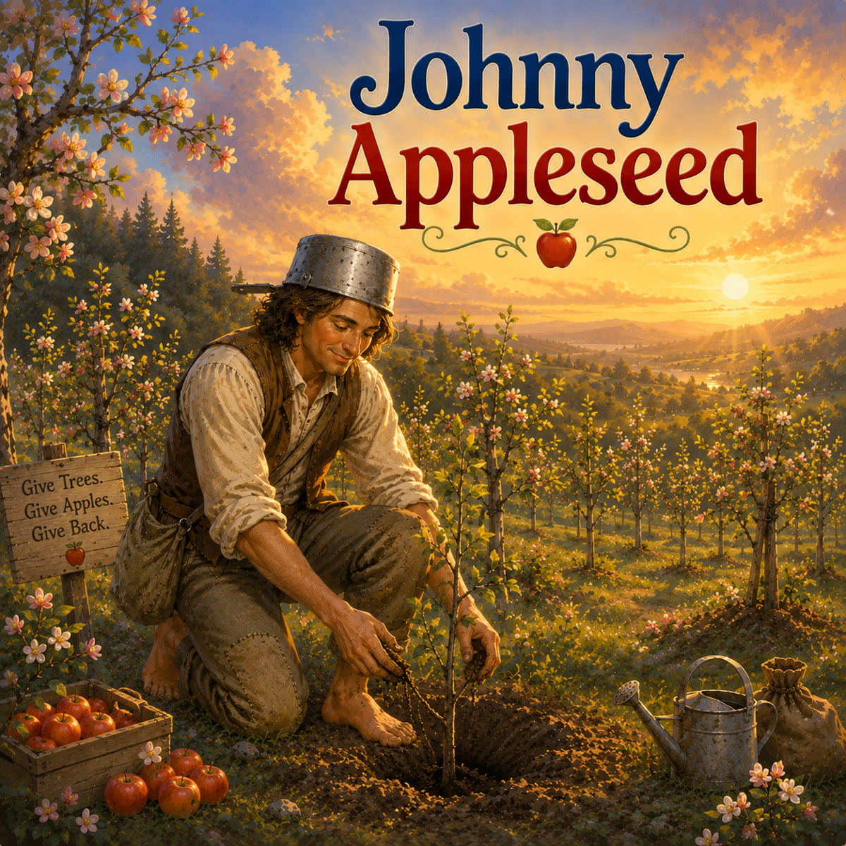 A gentle barefoot frontiersman walking a sunlit dirt path through young apple saplings along a stream, soft leather seed bags over his shoulder, a tin cooking pot on his head, a distant log cabin in calm golden light.
