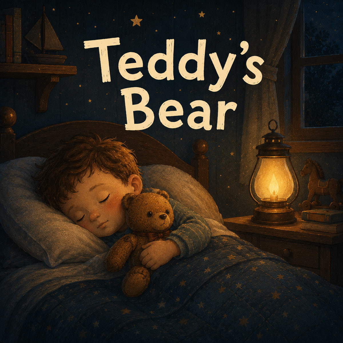 A small child asleep in a softly-lit early-1900s bedroom, a small brown jointed teddy bear with shiny black button eyes tucked under one arm, warm lamplight and gentle blue shadows.