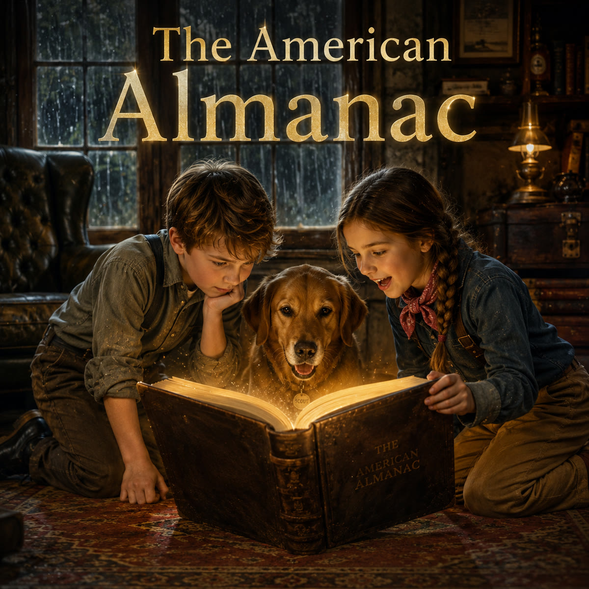 Two children and their dog gathered around a large, old almanac glowing warmly open on the floor of Grandpa's cozy study, discovering it together.